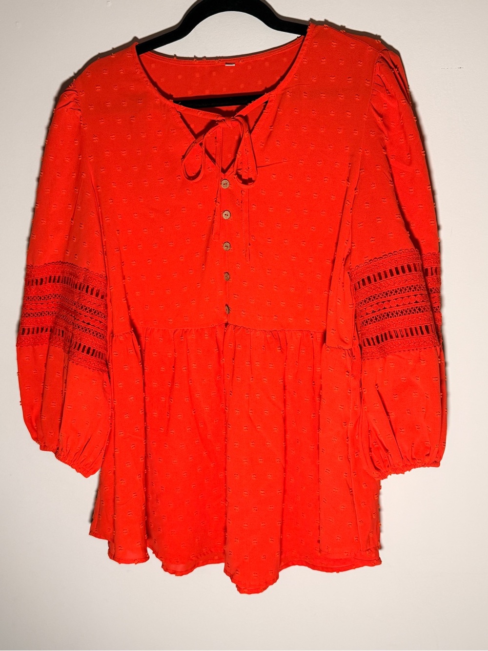 Source Unknown Vibrant Orange Peasant Blouse with Tie Neck